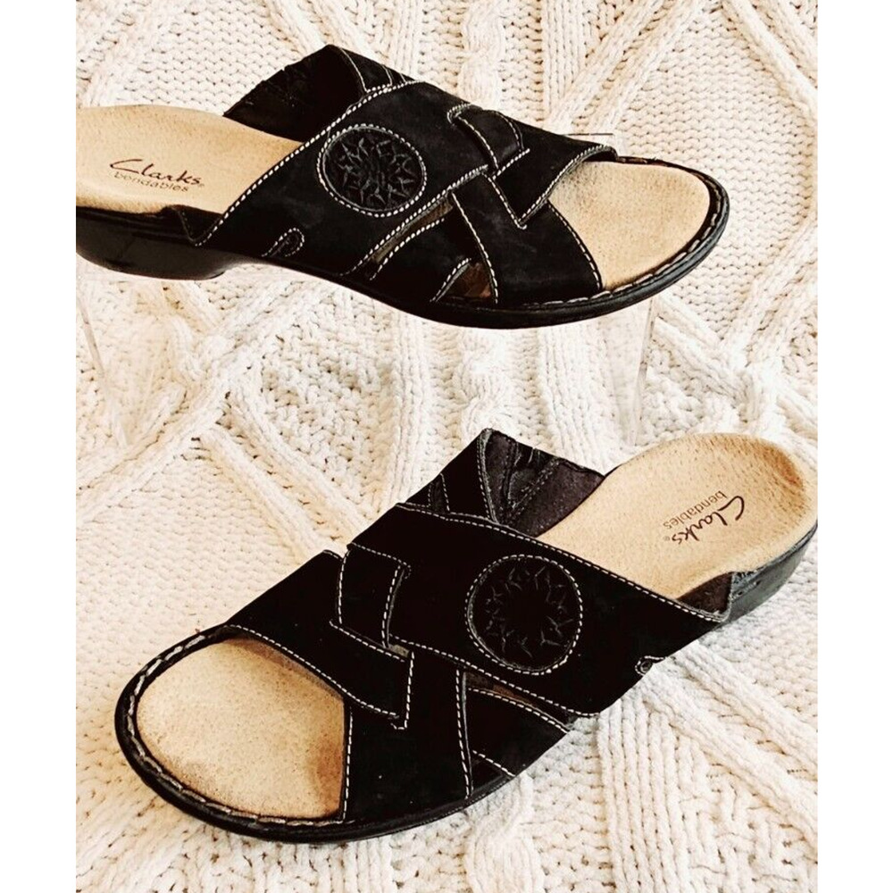 CLARKS Womens Bendables Black Leather Slip On‎ Comfort Sandals Size 7.5 WIDE